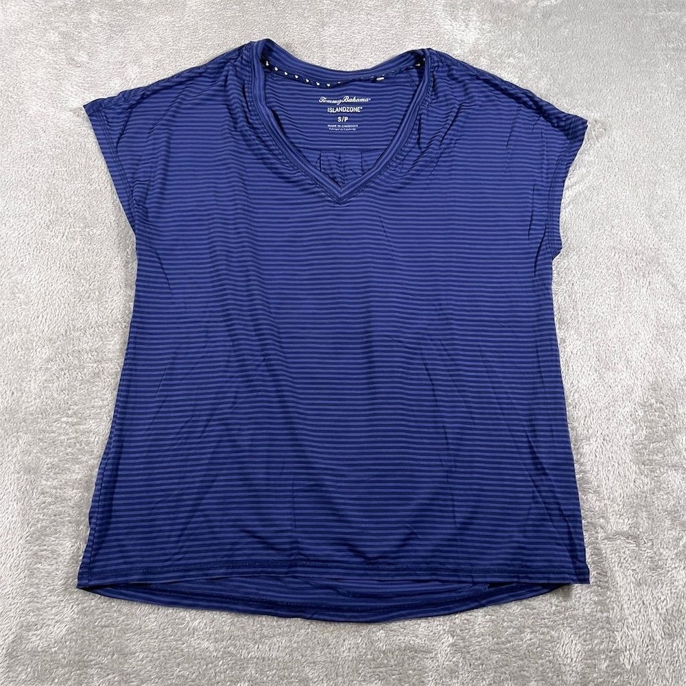 Tommy Bahama Island Zone Women's T-Shirt Small Petite Blue Striped V-Neck Cool